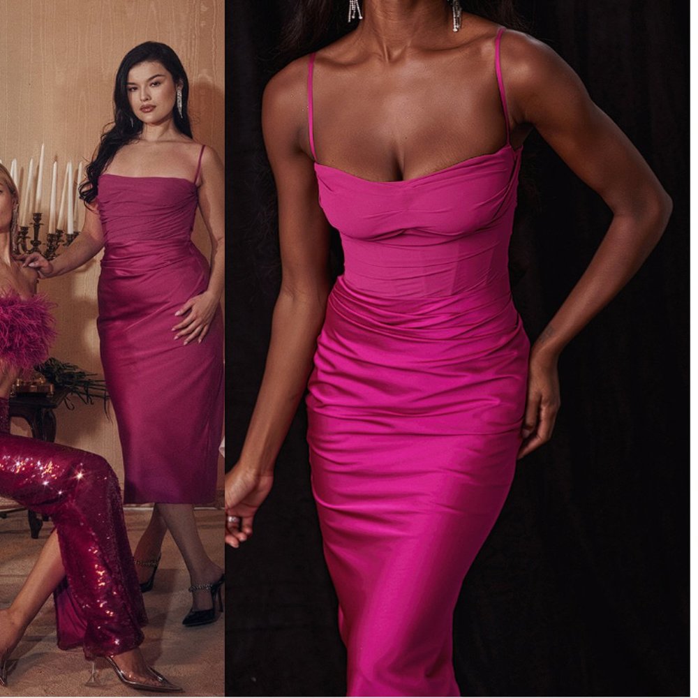 House of CB 'Teia' Hot Pink Draped Corset Midi Dress NWOT - Picture 3 of 11